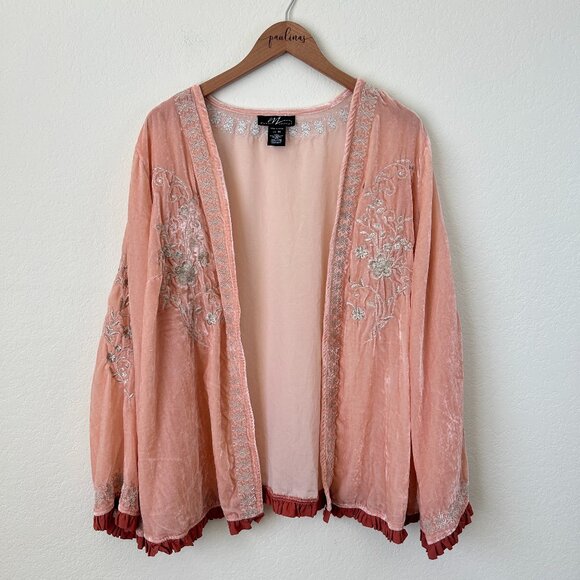 Midnight Velvet Sweater Womens 1X Plus Pink Embroidered Boho Cardigan - Picture 1 of 11